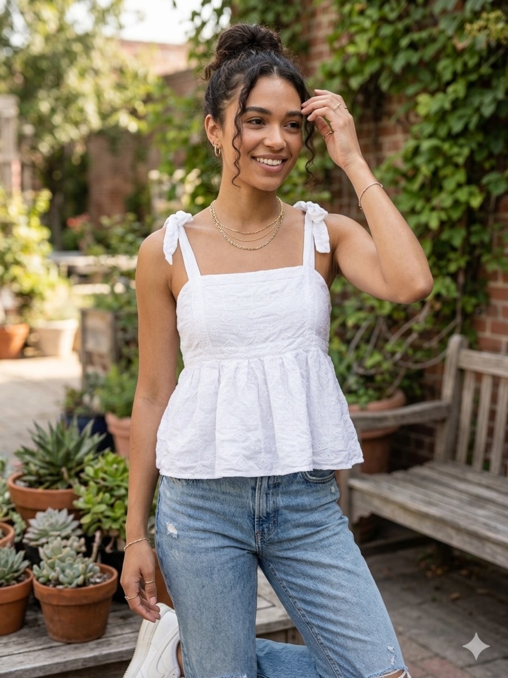 Old Navy Feminine Coastal Cowgirl White Eyelet Tie-Shoulder Peplum Camisole